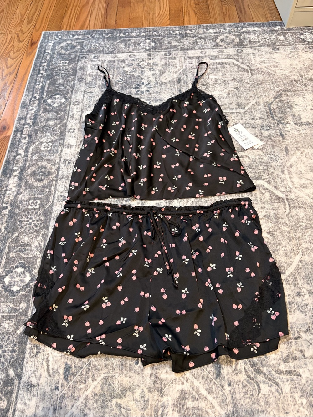 Black strawberry-Print Satin Cami & Shorts Sleep Set